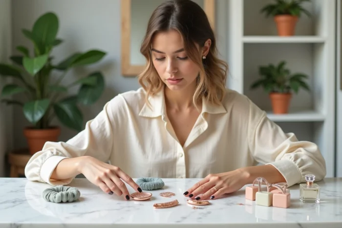 Jeune femme arrangeant des accessoires beauté tendance sur une coiffeuse en marbre blanc dans un décor parisien élégant