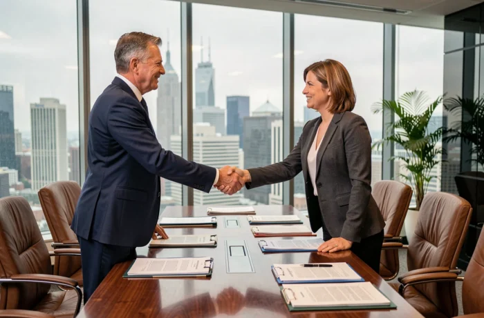Deux professionnels concluant une transaction commerciale avec une poignée de main dans une salle de réunion d'entreprise moderne