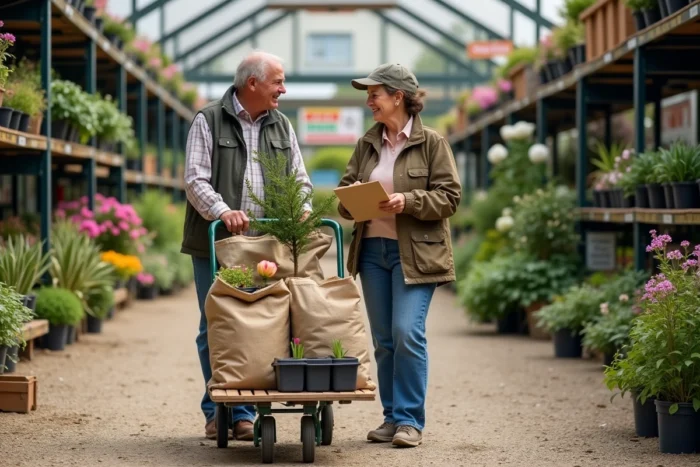 Couple faisant leurs achats dans une jardinerie discount avec un chariot rempli de plantes et de terreau