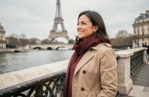 Femme souriante sur le Pont des Arts à Paris avec la Tour Eiffel en arrière-plan, habillée d'un trench beige et d'une écharpe bordeaux