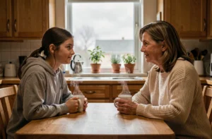 Adolescente discutant calmement avec sa mère autour d'une tasse de thé dans une cuisine chaleureuse