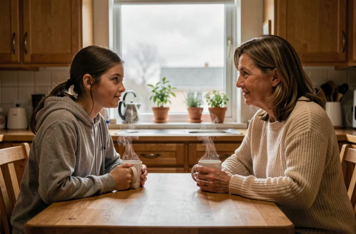 Adolescente discutant calmement avec sa mère autour d'une tasse de thé dans une cuisine chaleureuse
