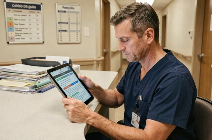 Aide-soignant masculin consultant les nouvelles directives du référentiel 2026 sur une tablette numérique dans un établissement de soins de longue durée