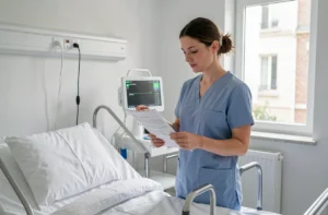 Aide-soignante consultant un protocole de soins mis à jour dans une chambre d'hôpital moderne, illustrant les nouvelles exigences du référentiel 2026