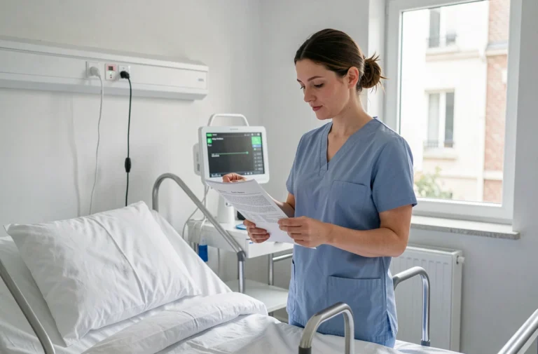 Aide-soignante consultant un protocole de soins mis à jour dans une chambre d'hôpital moderne, illustrant les nouvelles exigences du référentiel 2026
