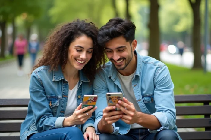 Deux amis consultant une plateforme de webtoons sur smartphone dans un parc urbain, partage de webtoons favoris sur mobile