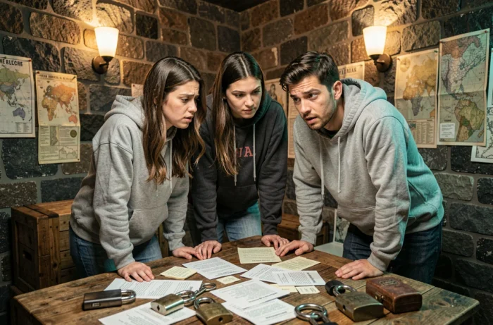 Groupe d'amis concentrés résolvant des énigmes dans une salle d'escape game au décor vintage