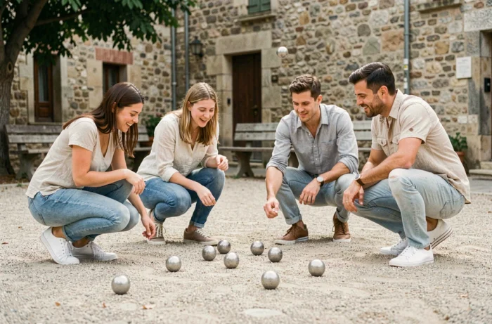 Groupe d'amis jouant à la pétanque sur une place de village ombragée en été