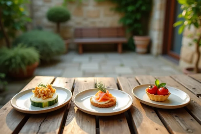 Trois petites assiettes d'amuse-bouches créatifs dressés sur une table en bois rustique en terrasse, inspiration cuisine créative pour réceptions informelles