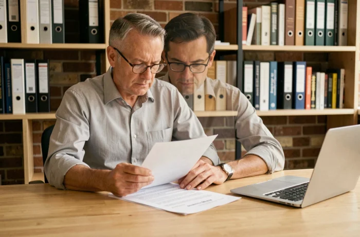 Chef d'entreprise analysant attentivement un contrat de cession dans son bureau privé moderne