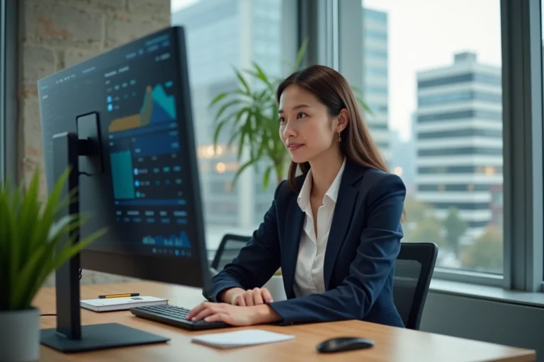 Professionnelle analysant des données de marketing digital sur un écran dans un bureau moderne avec vue urbaine
