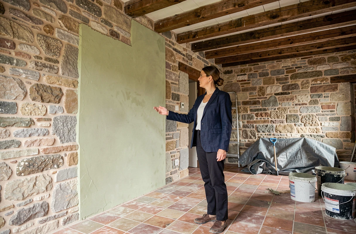 Architecte présentant la rénovation intérieure d'une ancienne ferme en pierre dans le département du Cher