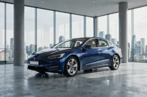 Berline électrique moderne exposée dans un showroom contemporain avec sol en béton poli et baies vitrées donnant sur la ville