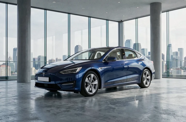 Berline électrique moderne exposée dans un showroom contemporain avec sol en béton poli et baies vitrées donnant sur la ville