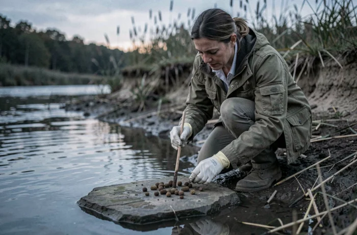 Biologiste naturaliste examinant des épreintes de loutre sur un rocher au bord d'une rivière, identification des crottes d'animaux nocturnes sur le terrain