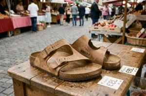 Paire de sandales Birkenstock Arizona en cuir tan posée sur un étal de marché français avec étiquette de prix en euros visible