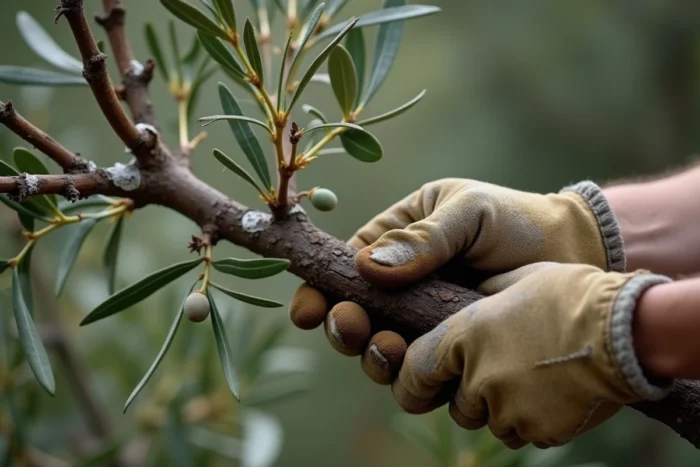 Gros plan sur des branches d'olivier dépérissantes avec feuilles mortes et écorce abîmée