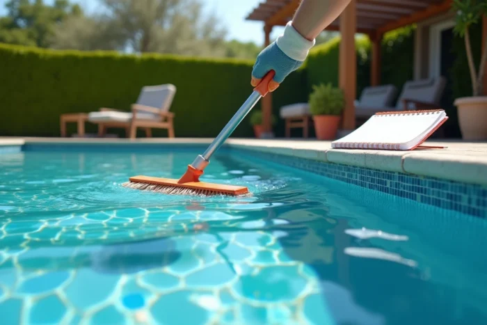 Brossage des parois d'une piscine au sel dans un jardin résidentiel avec un calendrier d'entretien visible en arrière-plan