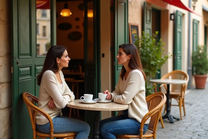 Deux femmes en conversation intense à la terrasse d'un café français, ambiance typique des lieux de tournage de Demain Nous Appartient