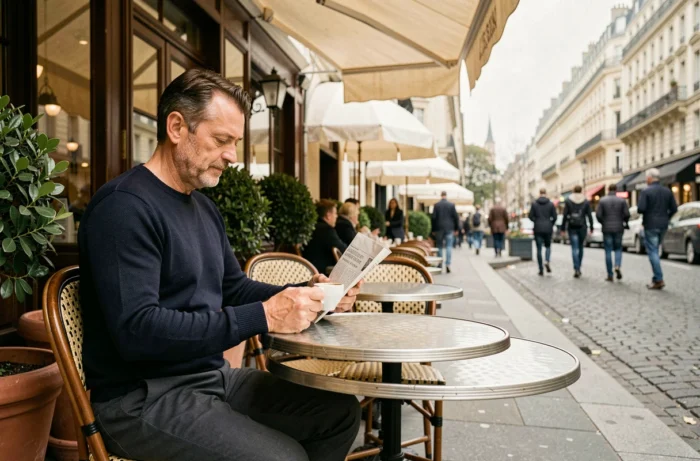 Homme lisant un journal en terrasse d'un café parisien typique avec façades haussmanniennes en arrière-plan