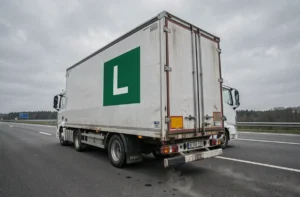 Camion semi-remorque blanc avec panneau vert lettre L visible à l'arrière sur une aire d'autoroute européenne