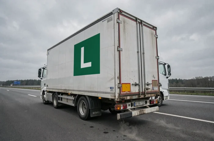 Camion semi-remorque blanc avec panneau vert lettre L visible à l'arrière sur une aire d'autoroute européenne
