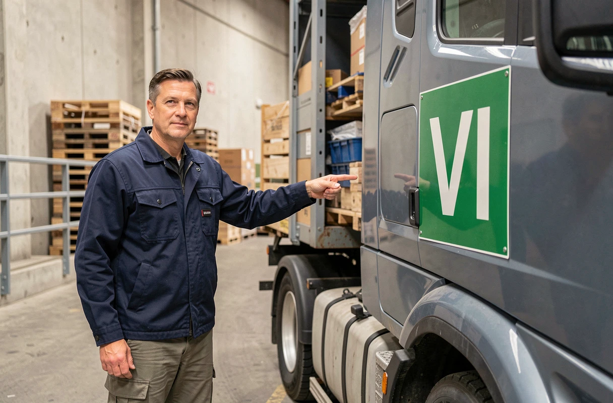 Chauffeur de camion montrant le panneau réglementaire vert VI sur le flanc de son véhicule poids lourd