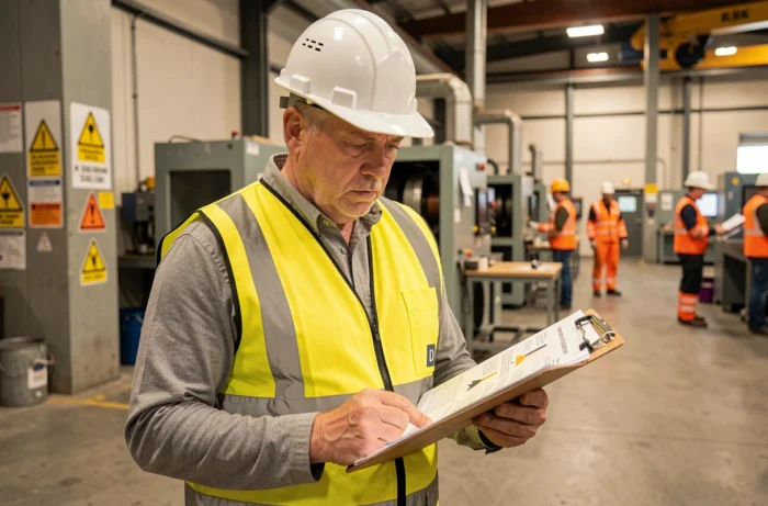 Chef de chantier en usine consultant un rapport de sécurité avec le taux de fréquence des accidents du travail sur un chantier industriel