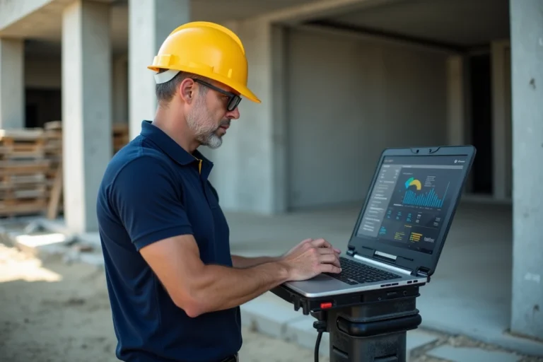 Chef de projet BTP consultant une plateforme de gestion numérique sur un ordinateur portable au milieu d'un chantier de construction actif