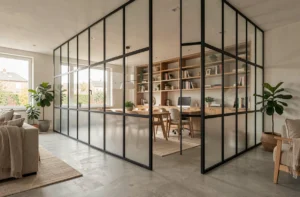 Cloison amovible verrière à cadre acier noir séparant un salon et un bureau dans un intérieur moderne et lumineux