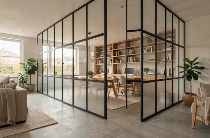 Cloison amovible verrière à cadre acier noir séparant un salon et un bureau dans un intérieur moderne et lumineux