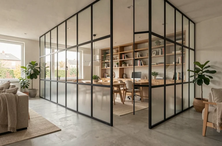 Cloison amovible verrière à cadre acier noir séparant un salon et un bureau dans un intérieur moderne et lumineux
