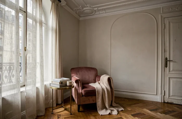 Coin lecture cosy avec fauteuil en velours rose et table en laiton dans un appartement haussmannien élégamment décoré