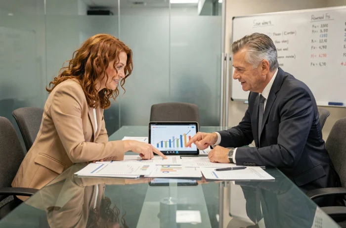 Deux professionnels collaborant autour de rapports financiers digitaux et imprimés lors d'une réunion en salle de conférence