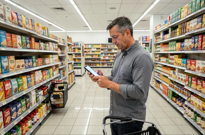 Homme comparant les prix en supermarché avec une application de gestion budgétaire sur smartphone dans une allée de supermarché