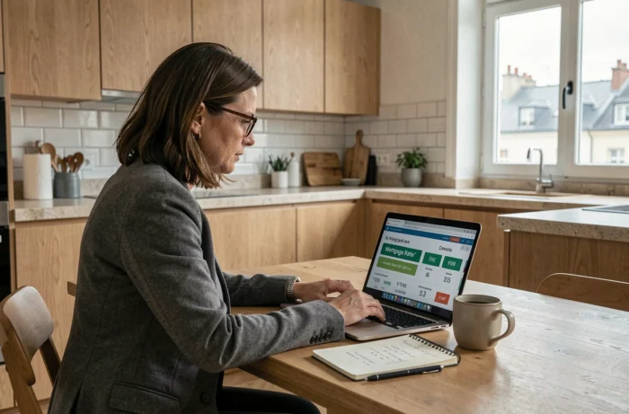 Femme comparant les taux immobiliers Casden sur ordinateur portable dans un appartement moderne français