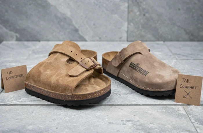 Comparaison côte à côte d'une vraie Birkenstock et d'une contrefaçon pour identifier les différences