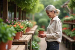 Femme comparant les prix de plantes en pot dans une jardinerie pour faire des économies