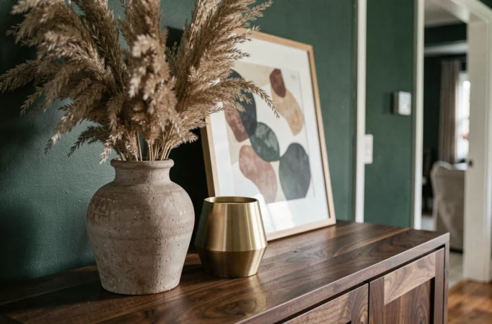 Composition décorative soignée sur un buffet en noyer avec vase en grès, herbes de la pampa et cadre abstrait sur mur vert forêt