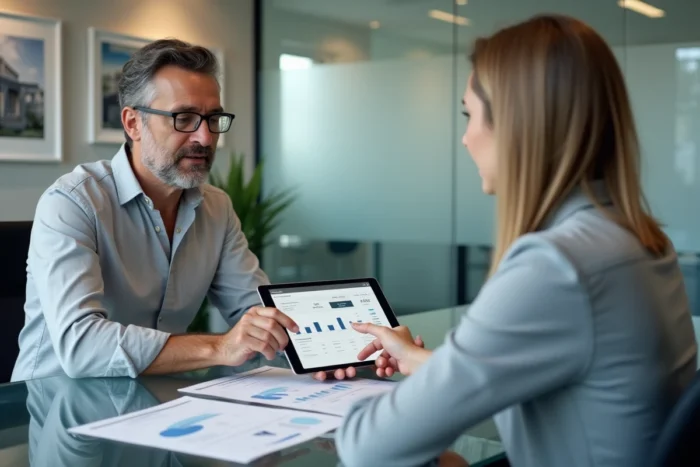 Homme et conseiller immobilier examinant des documents de financement et un tableau de bord financier en agence