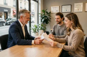 Conseiller bancaire présentant des documents de prêt immobilier à un couple lors d'un rendez-vous en agence Casden en 2026
