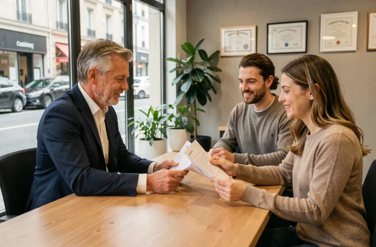 Conseiller bancaire présentant des documents de prêt immobilier à un couple lors d'un rendez-vous en agence Casden en 2026