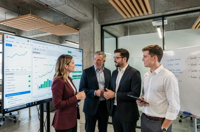 Équipe de conseillers financiers et juridiques étudiant la valorisation d'une entreprise sur un écran tactile