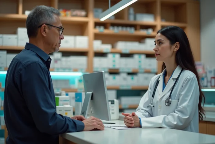 Homme discutant avec une pharmacienne au comptoir, consultation officinale dans le cadre d'une réduction du taux de CDT