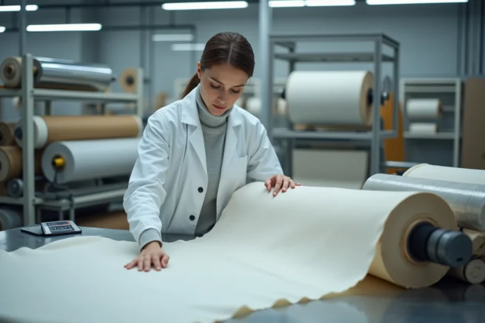 Spécialiste contrôle qualité examinant un rouleau de tissu fini dans une usine textile moderne