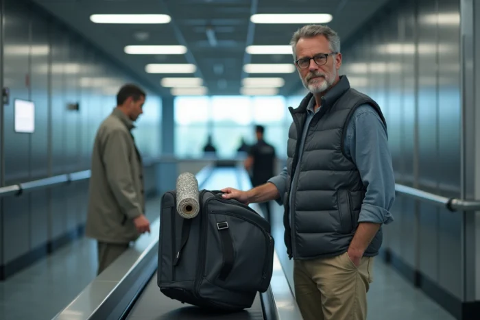 Voyageur passant le contrôle de sécurité à l'aéroport avec un bagage cabine contenant de la vaisselle emballée