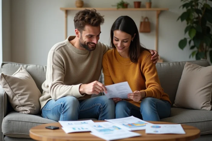 Couple comparant des relevés et brochures de banques dans un salon pour optimiser leurs finances