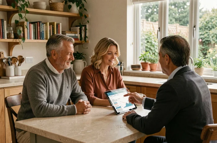 Couple en consultation avec un conseiller financier à domicile pour choisir une assurance et optimiser leurs placements