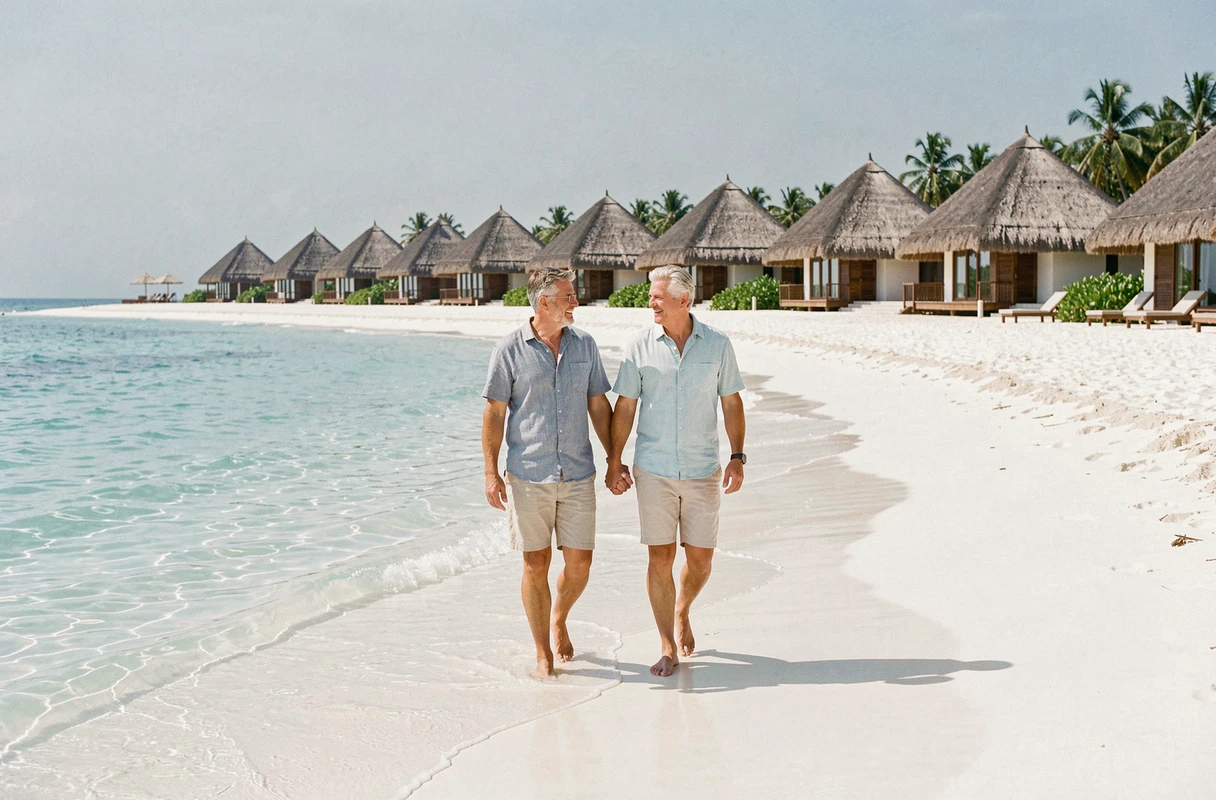 Couple se promenant sur une plage de sable blanc devant des bungalows de resort tout inclus en bord de mer