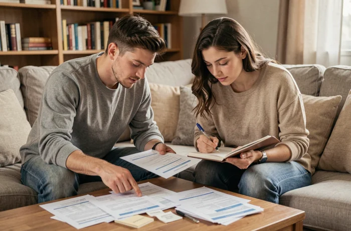 Jeune couple planifiant leurs économies ensemble sur un canapé avec des documents financiers et un carnet de notes